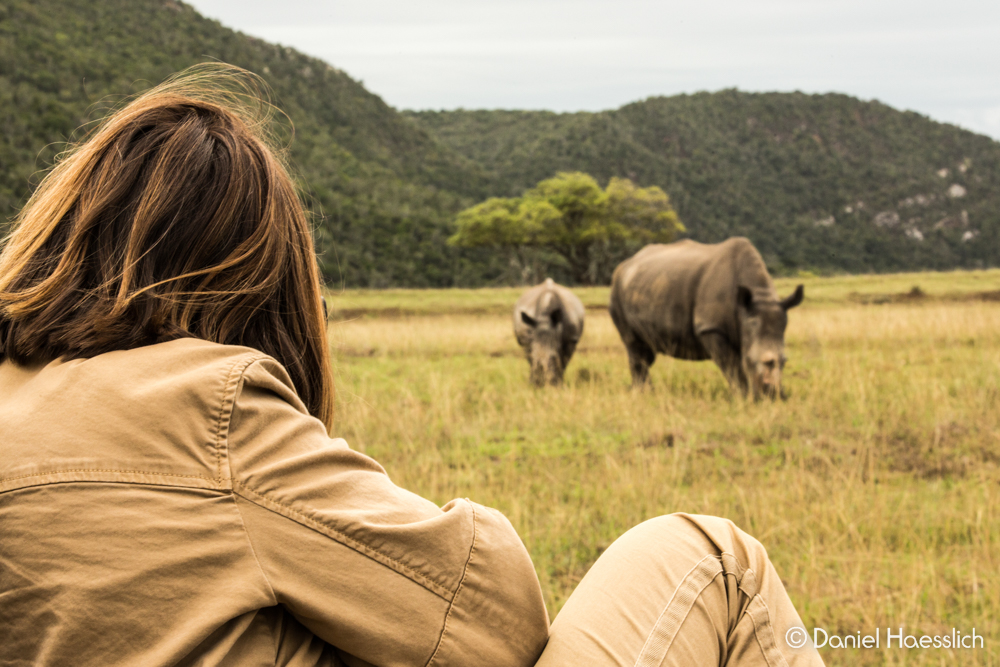 Rhino Tears Founder Sarah with Rhinos Thandi & Colin