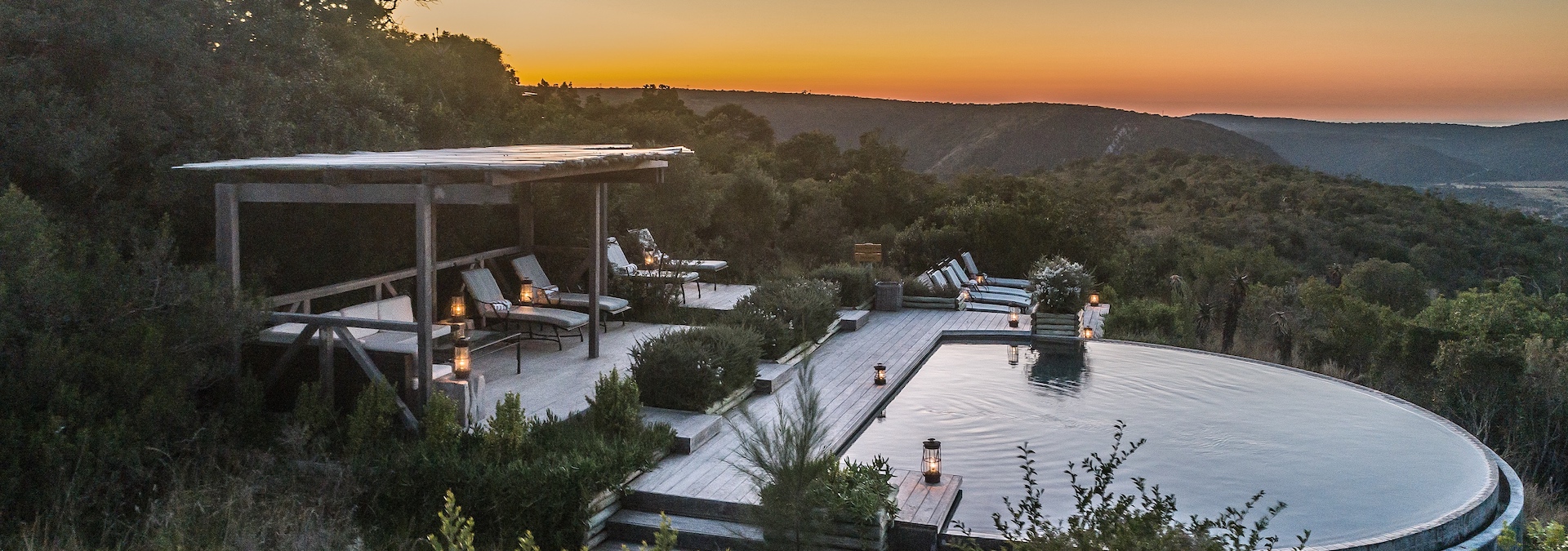 Kariega Ukhozi Lodge Pool at sunset